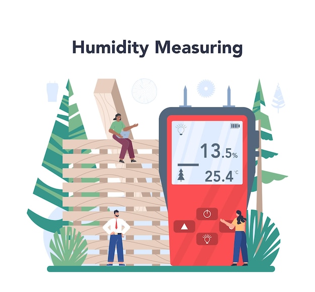 Wood industry concept Wood drying as a forestry production line process Dryer control Logging and woodworking process Isolated flat vector illustration