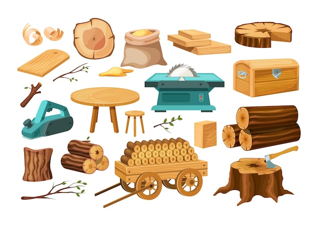 Wood industry material tools products tree trunks bark wood kitchen utensils branches planks