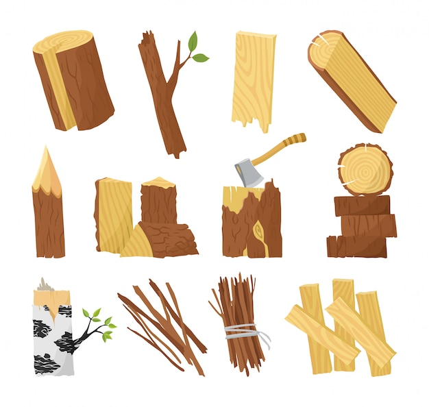 Wood industry raw material and production samples flat set with tree trunk logs planks door vector illustration