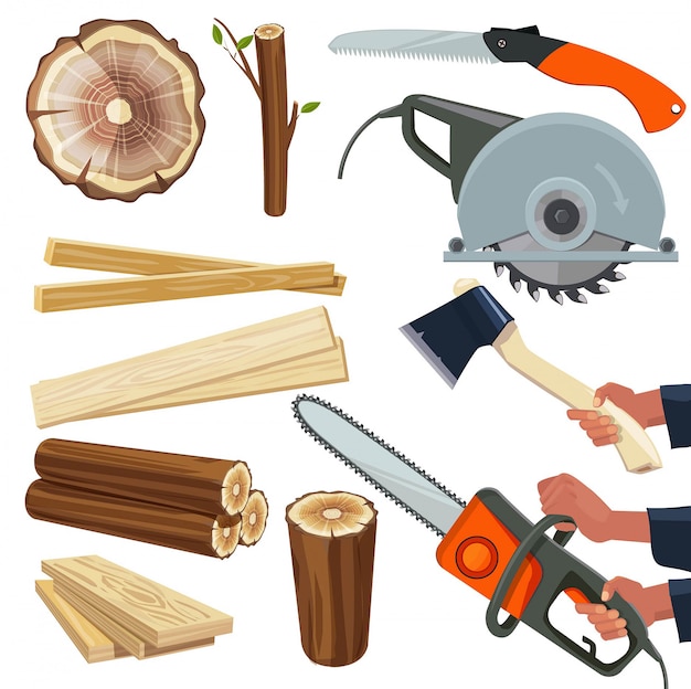 Wood materials. Wooden production and cut woodworking equipment cutting tools forestry pile isolated pictures