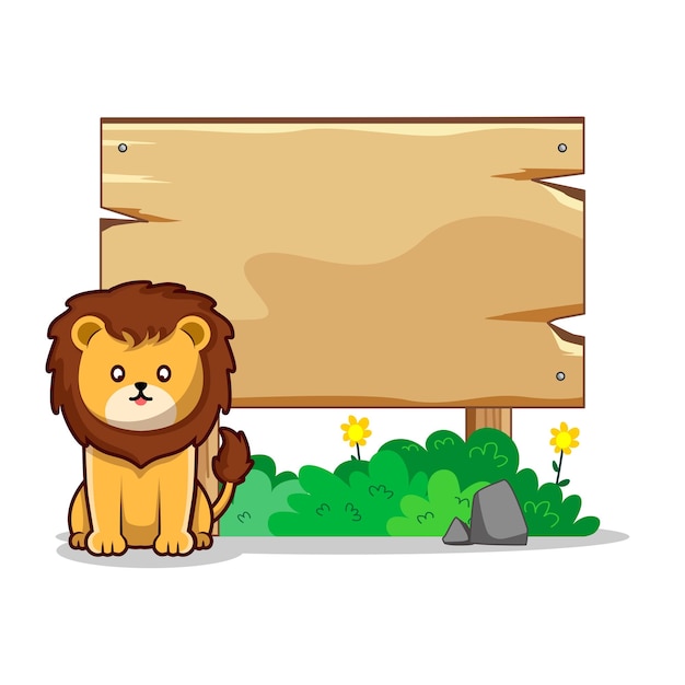 wood sign cartoon vector with cute lion and grass