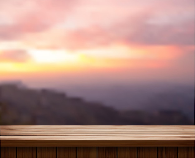 Vector wood table top and blurred of mountain landscape