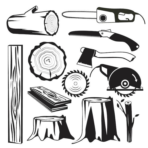 Wood trunks black Wooden industry forestry tree elements vector monochrome pictures Illustration of wood trunk and forestry industry instrument sawmill and equipment for cutting