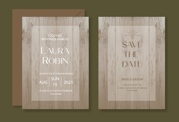 Vector wood wedding invitation template set with wood background for party greeting card