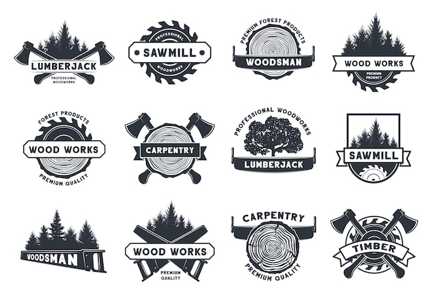 Wood works badge Lumberjack sawmill and carpentry emblems Trees pine log cut saw and axe tools vector template set