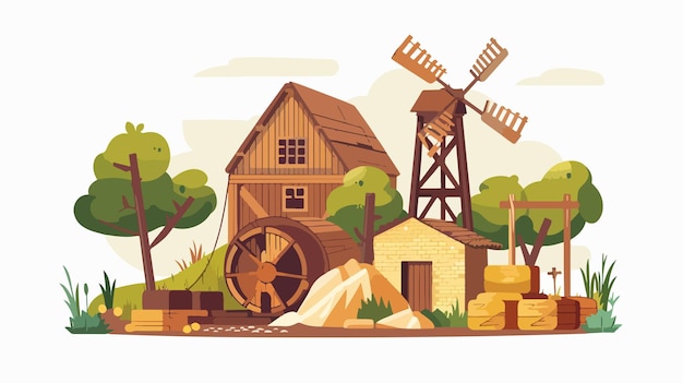 Vector woodcut mill icon in farming and agriculture graphic