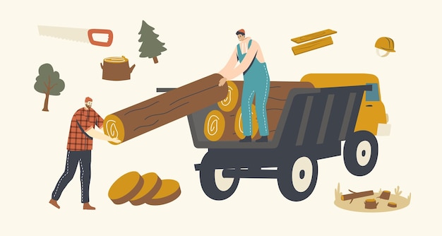 Vector woodcutter male characters loading wooden logs in truck. deforestation, forest trees cutting and transportation