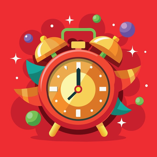 Wooden alarm clock symbol with party decoration light bokeh in the red background before midnight