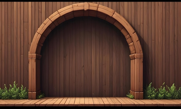 Vector wooden archway with green plants on a wooden wall background