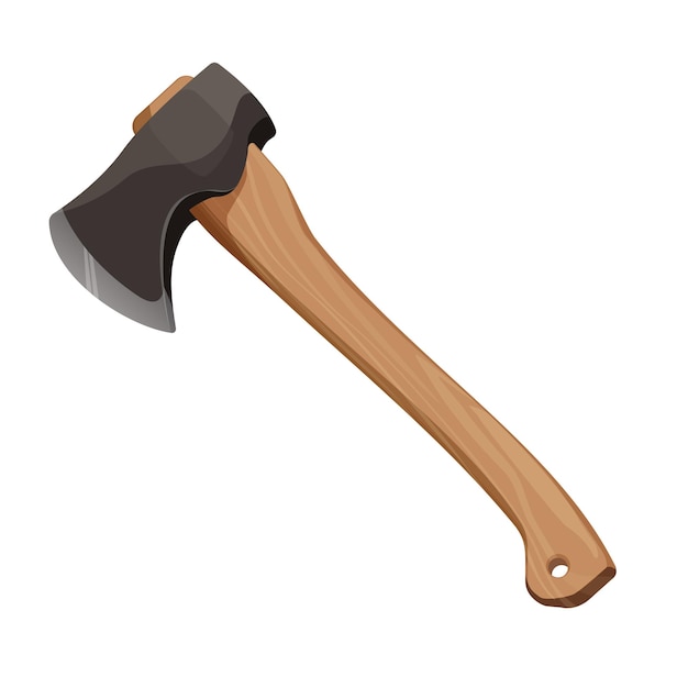 Wooden axe isolated on white background. Element for woodworking or lumberjack emblem or icon. Realistic  illustration of metal ax with handle made of wood