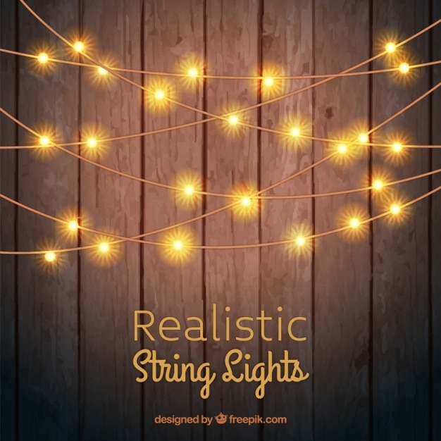 Vector wooden background with string lights