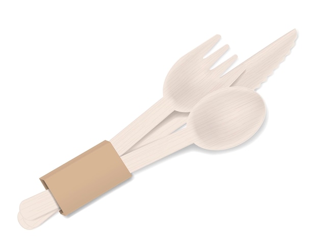 Wooden bamboo fork spoon and knife in kraft packaging Disposable eco cutlery set template