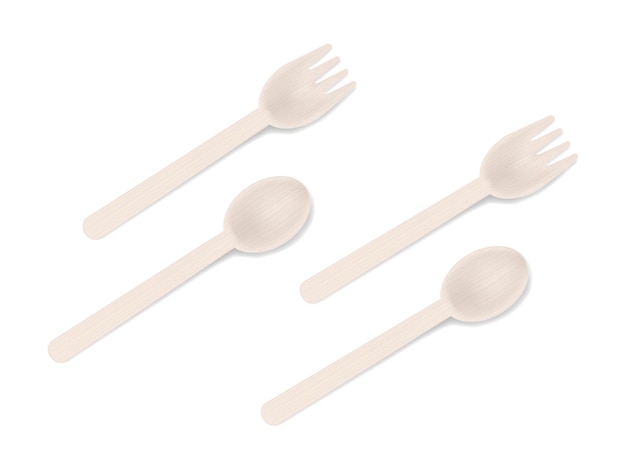 Vector wooden bamboo spoons and forks vector illustration disposable biodegradable eco cutlery