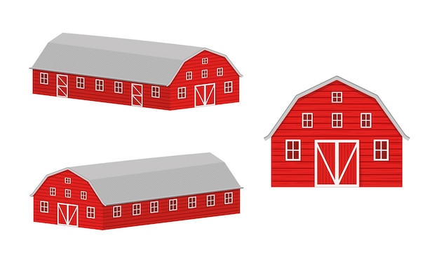 Wooden barn front view and isometric projection Red farm warehouse building