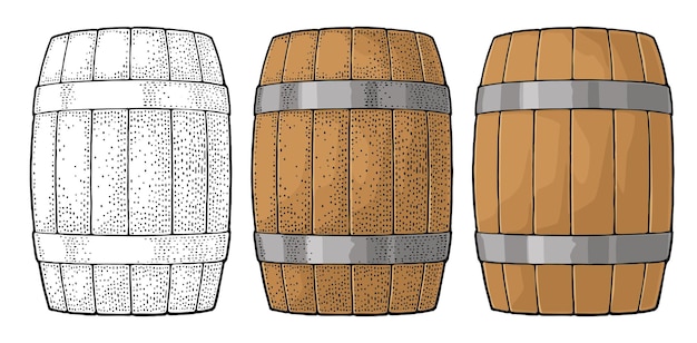 Wooden barrel with metal hoops engraving vector illustration