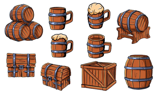 Wooden barrels, chests, beer or ale mugs