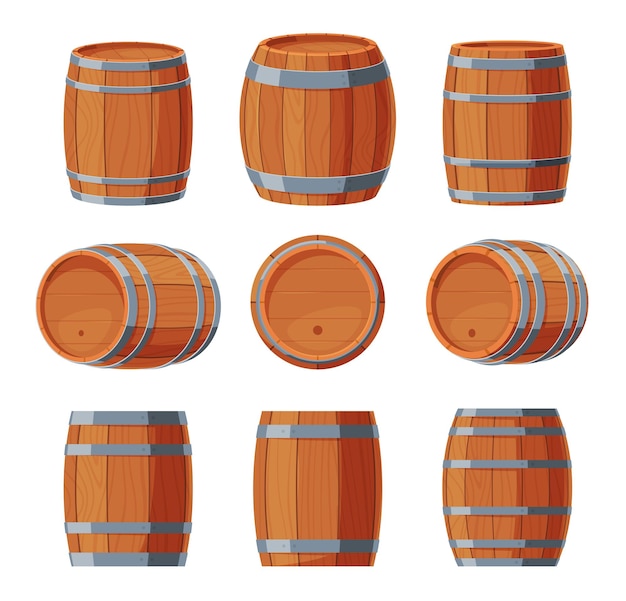 Wooden barrels Oak containers for traditional storage of wine beer whiskey Saturation of drinks with a unique aroma and taste