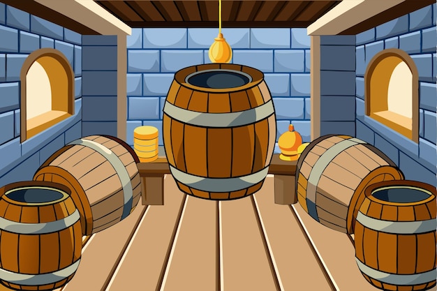 Vector wooden barrels of shelves cartoon game background design or wood barrels in cellar