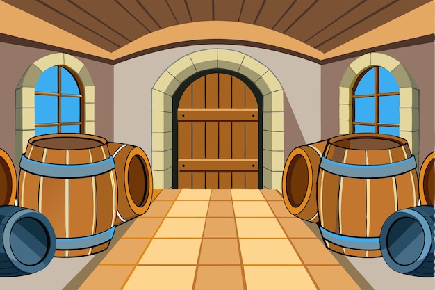 wooden barrels of shelves Cartoon game background design or Wood barrels in cellar