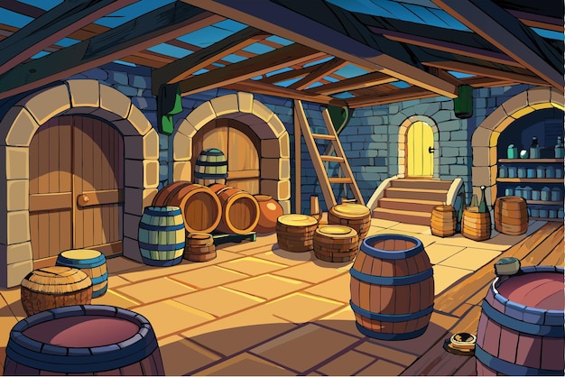 Vector wooden barrels of shelves cartoon game background design or wood barrels in cellar