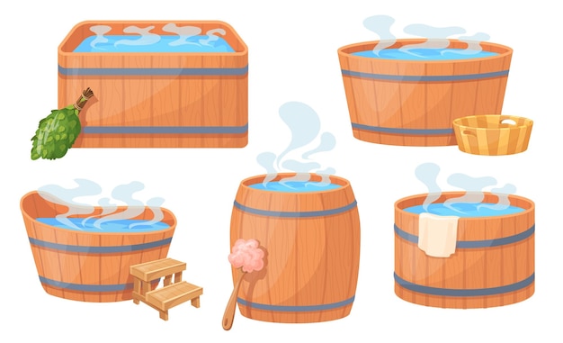 Wooden baths Wood tubs cartoon rustic water baths barrel for public sauna traditional banya or onsen japanese hot spring wellness relaxing bathtub basin neat vector illustration