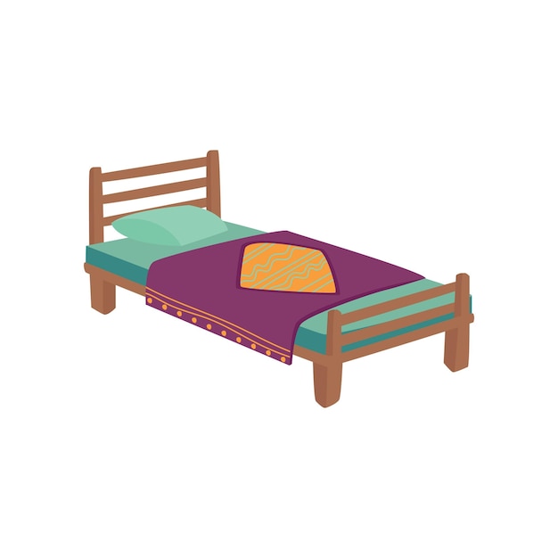 Wooden bed for kids with pillow and purple blanket cartoon vector Illustration on a white background