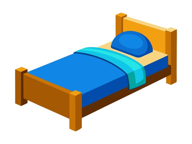 Vector a wooden bed with a blue cover and a blue pillow on it