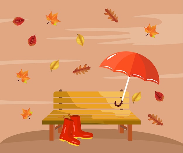 Vector wooden bench clearing red boots and umbrella time after the rain evening atmospheric illustration to