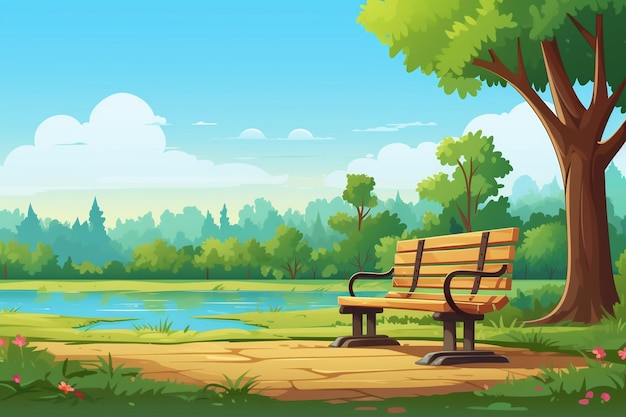 Wooden Bench in the Park in Summer