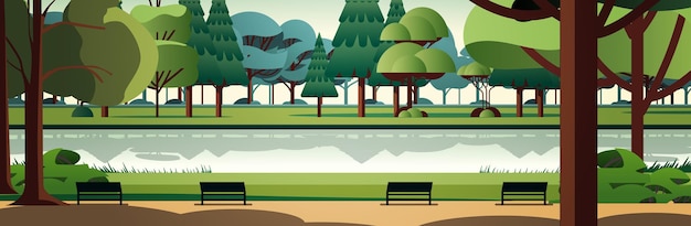 Wooden benches and green trees near lake in public summer city park horizontal