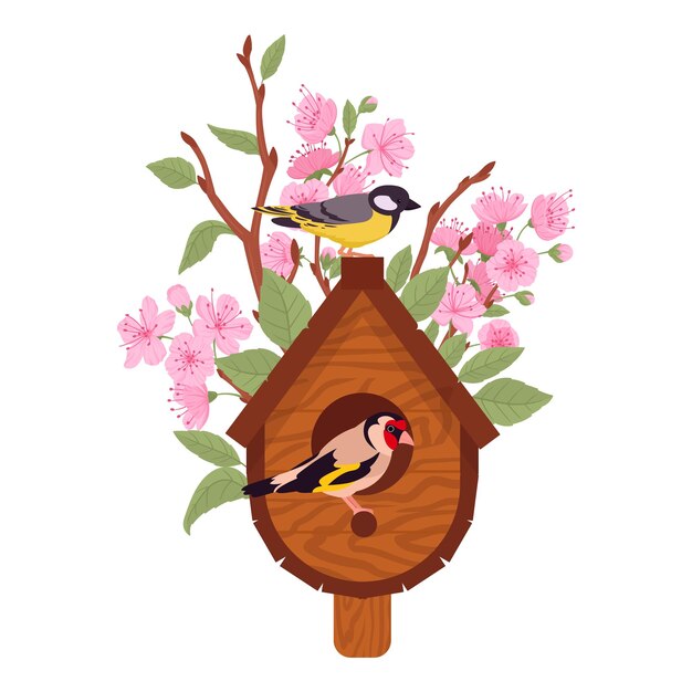 Vector wooden bird house cartoon hand crafted bird house with feeders cute birds nests on blooming tree flat vector illustration nesting bird house