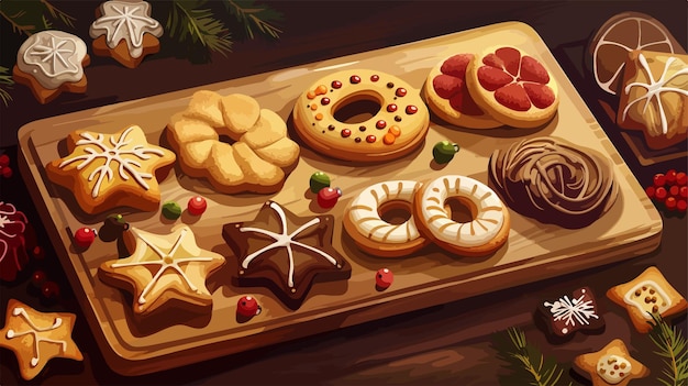 Vector wooden board with sweet christmas cookies on colorful background