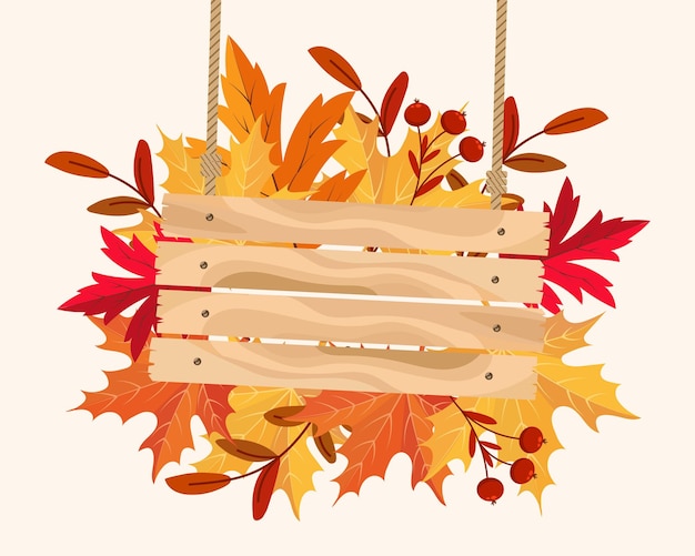 Wooden boards table on a background of autumn maple leaves. Autumn illustration, background, vector