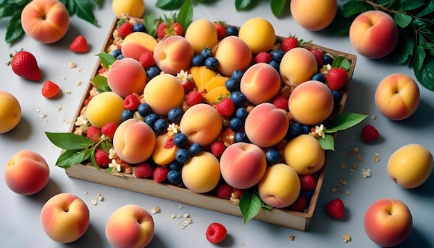 Vector a wooden box filled with peaches blueberries raspberries and apricots more fruit is scattered around the box