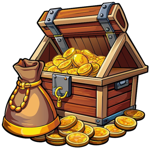 a wooden box with gold coins and a wooden box with gold coins