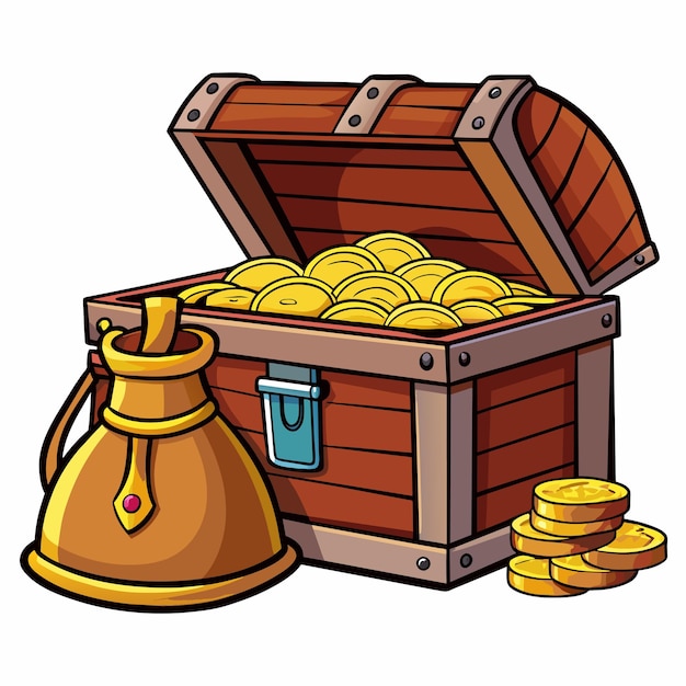 a wooden box with a gold item and a box of gold coins