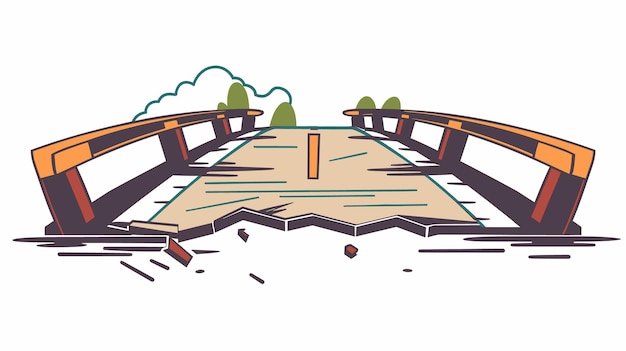 Vector wooden bridge broken damaged cartoon damaged infrastructure destruction unsafe crossing