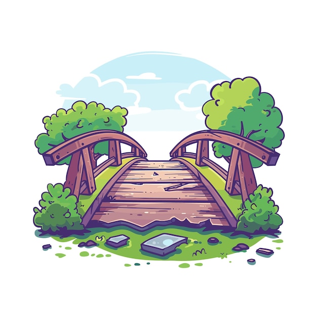 Wooden bridge crossing over calm water nestled among lush greenery tranquil park setting Arched