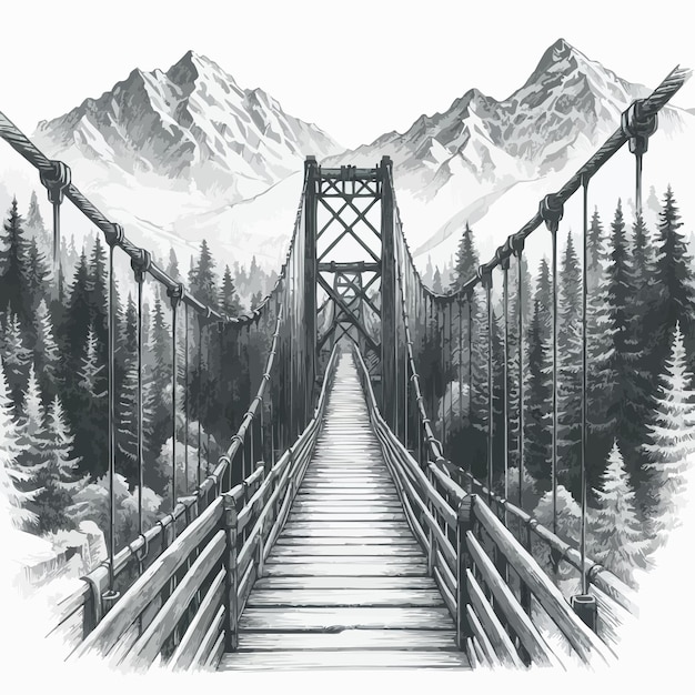 Wooden bridge in the mountains and forest Ropeway Suspension bridge Drawn in pencil on an isolated