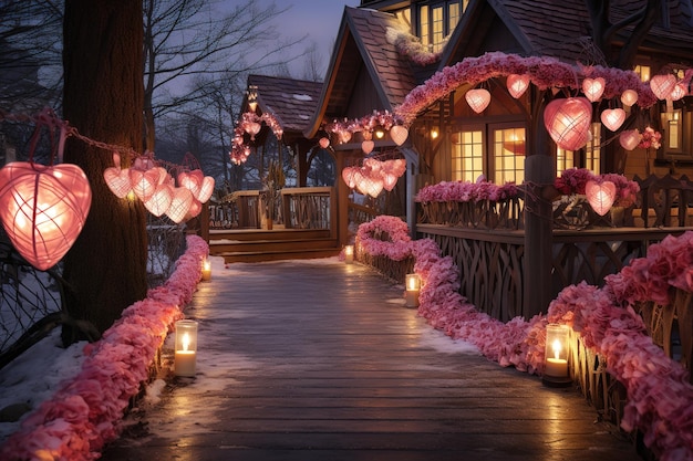 Vector a wooden bridge with lanterns that say quot heart quot on it