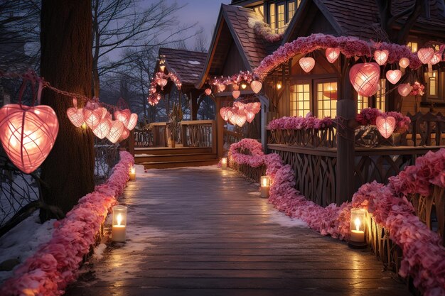 Vector a wooden bridge with lanterns that say quot heart quot on it