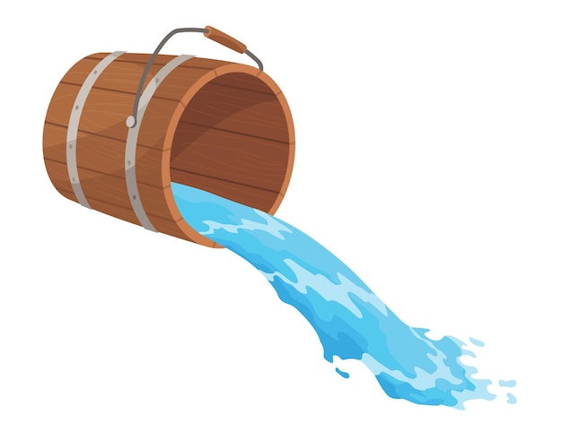 Wooden bucket with water and handle Container with flowing water for spa sauna Liquid pouring with splash Vector illustration isolated on white background