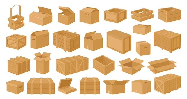 Wooden and cardboard boxes Carton delivery packages cargo shipping wooden boxes flat vector illustration set Cartoon delivery package collection