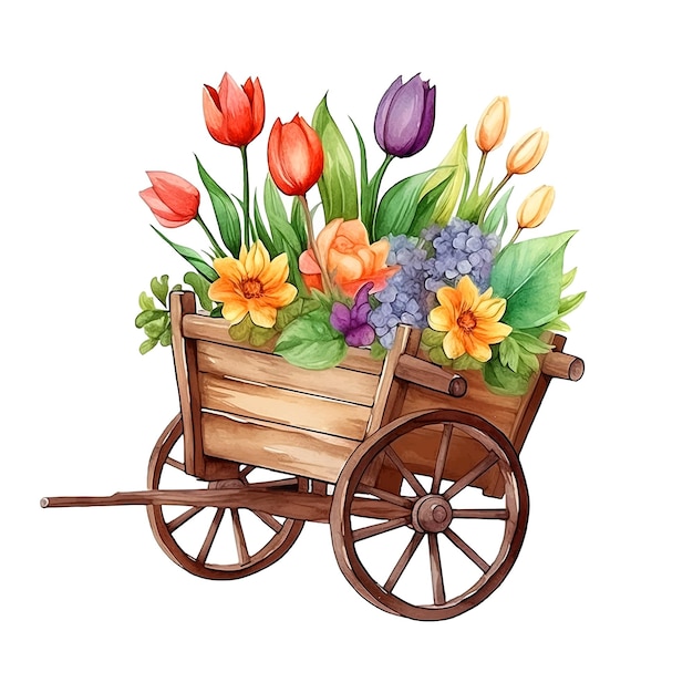 Wooden cart with flowers watercolor ilustration