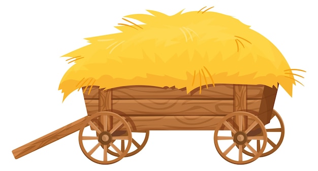 Wooden cart with hay Cartoon golden straw in wagon