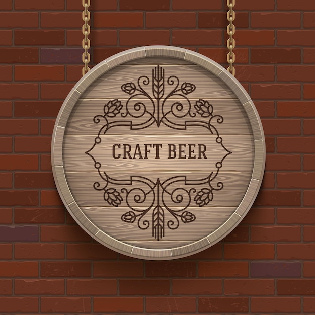 Vector wooden cask signboard with flourishes beer emblem