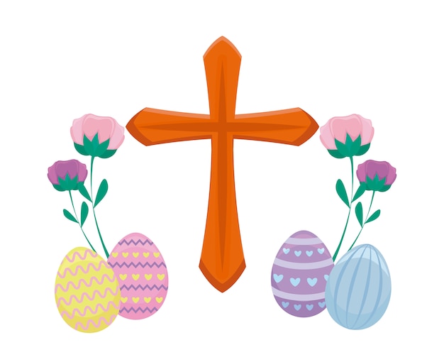 Vector wooden catholic cross with eggs of easter and flowers