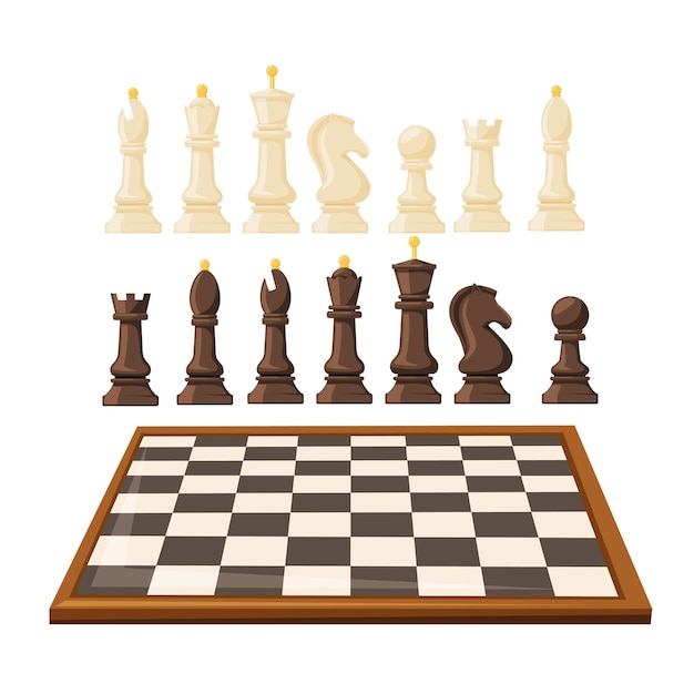 Vector wooden chessboard with chess pieces as chess or strategy board game vector set