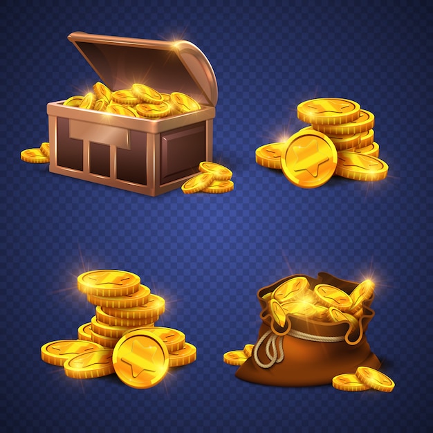 Wooden chest and big old bag with gold coins