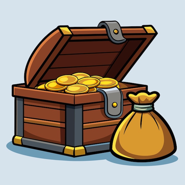 a wooden chest with gold coins and a brown chest with a gold bag in the middle